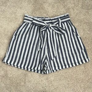 Blue and white striped paper bag shorts
